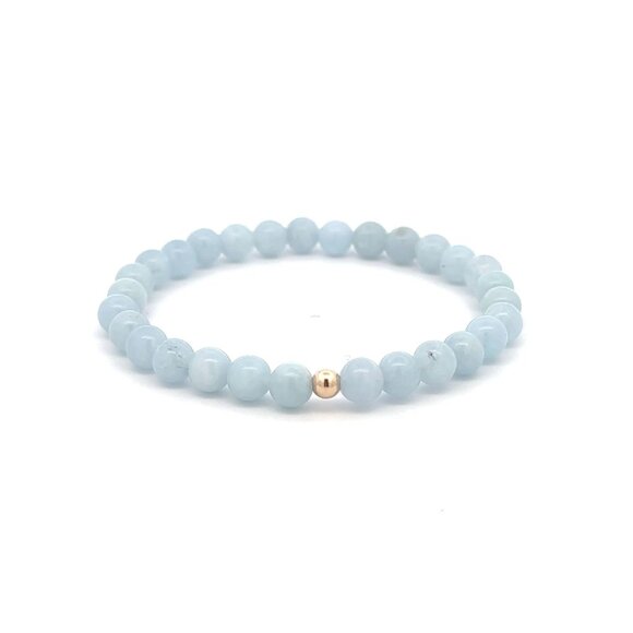 RAFANTHIA Jewelry - Natural Aquamarine 6mm Gemstone Stretch Bracelet with 14K Gold Polished Bead